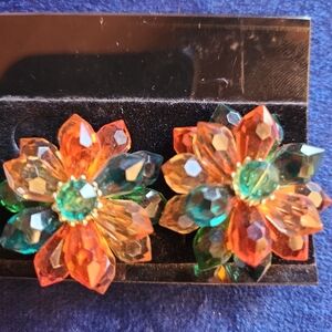 Vintage Western Germany Lucite Flower Clip Earrings Multicolor Faceted